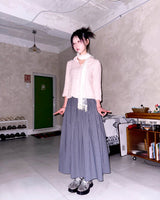 (2color) Ribbon Pleated Check Long Skirt