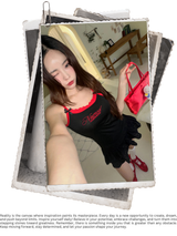 Red bow lettering lace sleeveless t-shirt