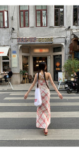 Red checkered V-neck sleeveless long dress