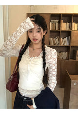 レースシャーリングツーピース長袖ブラウスTシャツ