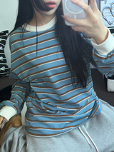STRIPE OVER BOXY BOYFRIEND LONG SLEEVE T SHIRT ❤💚🩵🧸4COLOR