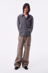 GARMENT-DYED DISTRESSED BELT LOOP POCKET CROSS PLEAT COLOR-TOOTH ZIPPER DRAWSTRING CARGO PANTS