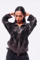 LEOPARD VELVET DOUBLE-HEAD COLOR-TOOTH ZIPPER SMUDGED SPRAY DISTRESSED TAILORED STAND COLLAR JACKET