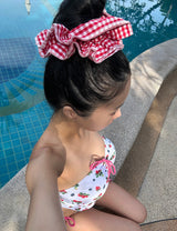 レッドチェッカーヘアシュートライプシュシュ