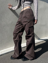 Steel zipper cargo cotton long wide work pants (4 colors)
