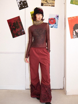 Detachable fur collar long-sleeved T-shirt with patchwork design