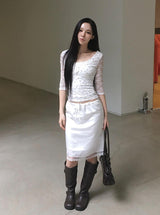 Web Flower Lace Slim Three Quarter T-shirt