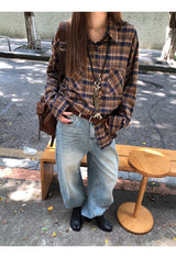 クラシックチェッカードブラウンロングスリーブシャツ