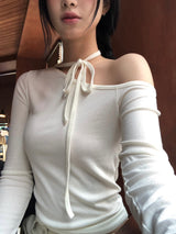 ワンショルダーリボンTシャツ