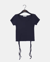Desa Back Slit Ribbon V-Neck Short Sleeve T-Shirt
