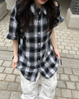 Unisex デイリーレトロチェッカード半袖シャツ