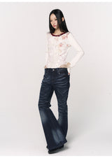CONFUN Design sense three-dimensional cat whiskers, aged washed flared jeans style