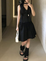 French Dot V-Neck Sleeveless Blouse