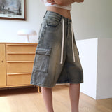Kelu Vintage Washing Strap Cargo Denim Bermuda Half-Length Pants