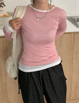 セレナテンセルラウンドネックフォール長袖シースルー長袖Tシャツ 5 colors