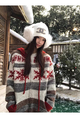 Red Snow Stripe Hooded Knit Zip-Up