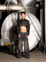 Leather Crop Cargo Jacket (Black)