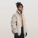 RELABEL 23AW ダブルレイヤーラインデコンストラクトファブリックパッチワークフェイクラムズウールダウンジャケット
