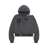 カエンメタルロゴカットアウトワンショルダーフードTシャツ