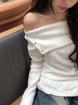 Punk Snap Button Brushed Off-Shoulder Knit