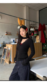 Choker V-neck Lace V-neck Long Sleeve T-shirt
