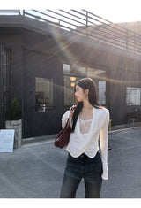 White Smudge Lace Shirring Long Sleeve T-shirt