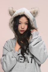 eat me plz* Cathy Cat Ear Fur Fleece Hoodie for Autumn-Winter Warmth Jacket