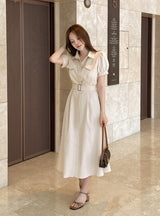 Kazz Shirt Collar Puff Sleeve Long One Piece (Belt Set)