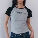 CコントラストラグランスリムTシャツ - ブラック