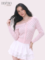 Pink dot unbalanced shoulder top