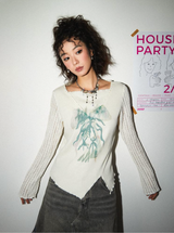 ワンショルダーVネックストライププリンティド長袖Tシャツ