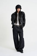 Curved leather overfit jacket