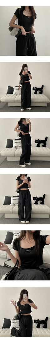 [Long summer pants!] Post nylon string wide cargo pants