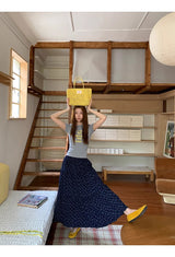 Cozy Navy Flower Frill Long Banding Skirt
