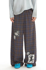 Patchwork printed drawstring design casual and relaxed loose straight-leg check pants