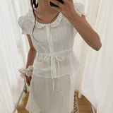Robenu puff-shoulder frill lace short-sleeve blouse (4 colors) – date look / summer blouse