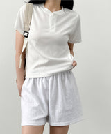 (W) ラッキークローバーセミクロップヘンリーネック半袖Tシャツ_2 Color