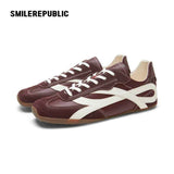 Burgundy Bow Side Detail Square Toe German Trainer Sneakers, Low Top Lace Up