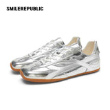 Silver Finish Bow Side Detail Square Toe German Trainer Sneakers, Low Top Lace Up