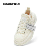 Cream White Frayed Canvas Smile Toe Platform Sneakers, Unisex Lace Up Shoes
