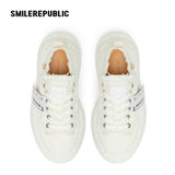 Cream White Frayed Canvas Smile Toe Platform Sneakers, Unisex Lace Up Shoes