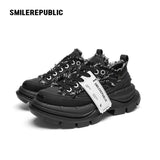 Black Frayed Canvas Smile Toe Chunky Platform Sneakers, Unisex Low Top