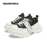 Black White Frayed Canvas Smile Toe Platform Sneakers, Unisex Lace Up Shoes