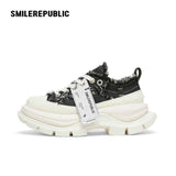 Black White Frayed Canvas Smile Toe Platform Sneakers, Unisex Lace Up Shoes
