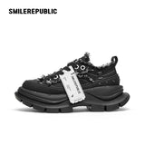 Black Frayed Canvas Smile Toe Chunky Platform Sneakers, Unisex Low Top