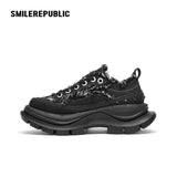 Black Frayed Canvas Smile Toe Chunky Platform Sneakers, Unisex Low Top