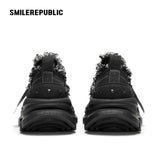 Black Frayed Canvas Smile Toe Chunky Platform Sneakers, Unisex Low Top