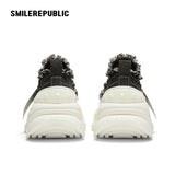 Black White Frayed Canvas Smile Toe Platform Sneakers, Unisex Lace Up Shoes