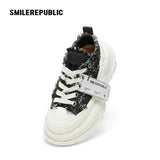 Black White Frayed Canvas Smile Toe Platform Sneakers, Unisex Lace Up Shoes