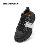 Black Frayed Canvas Smile Toe Chunky Platform Sneakers, Unisex Low Top